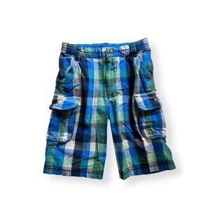 Frugi organic blue & green plaid cargo shorts